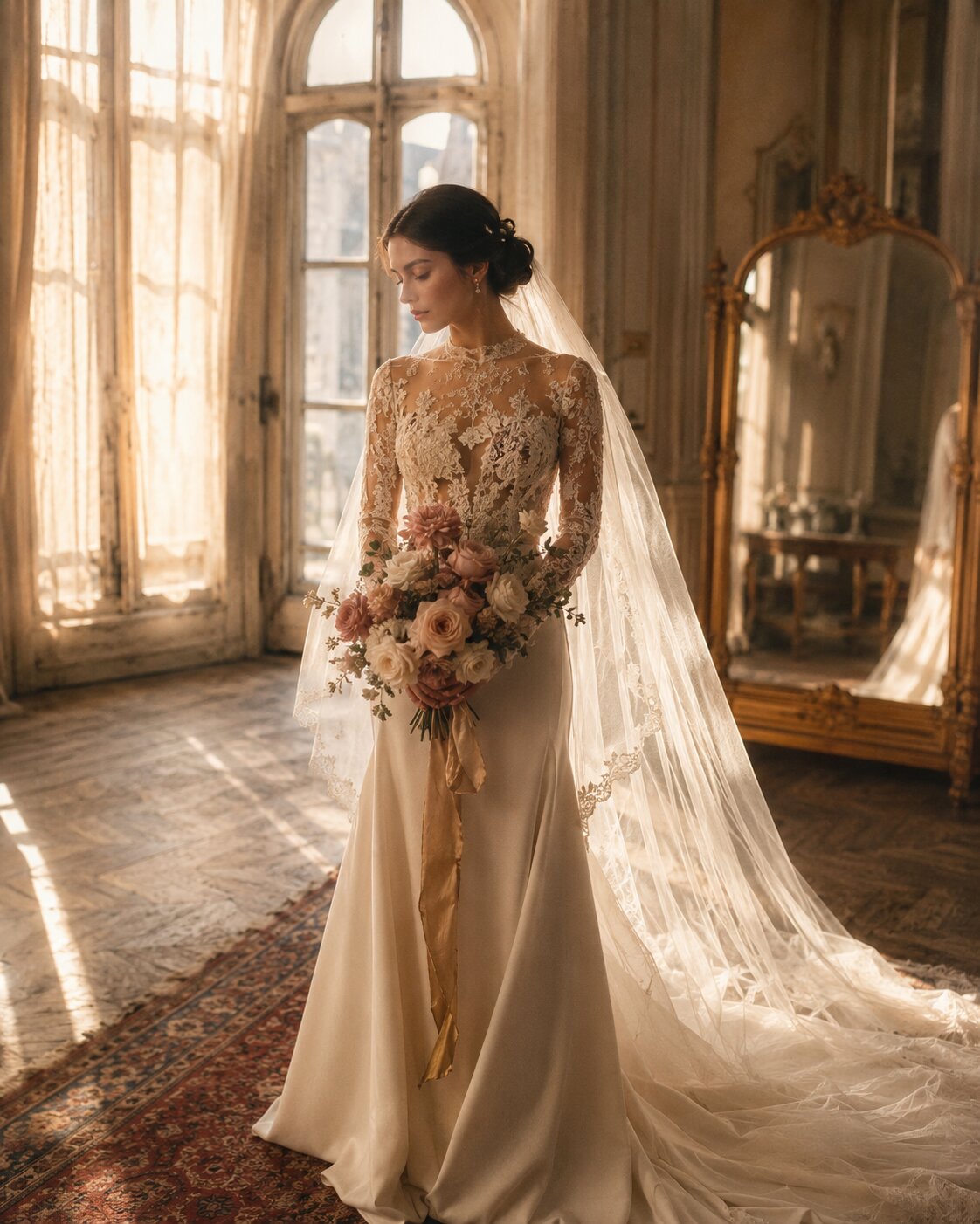 Aurelie -- an A-line couture wedding gown with illusion lace sleeves