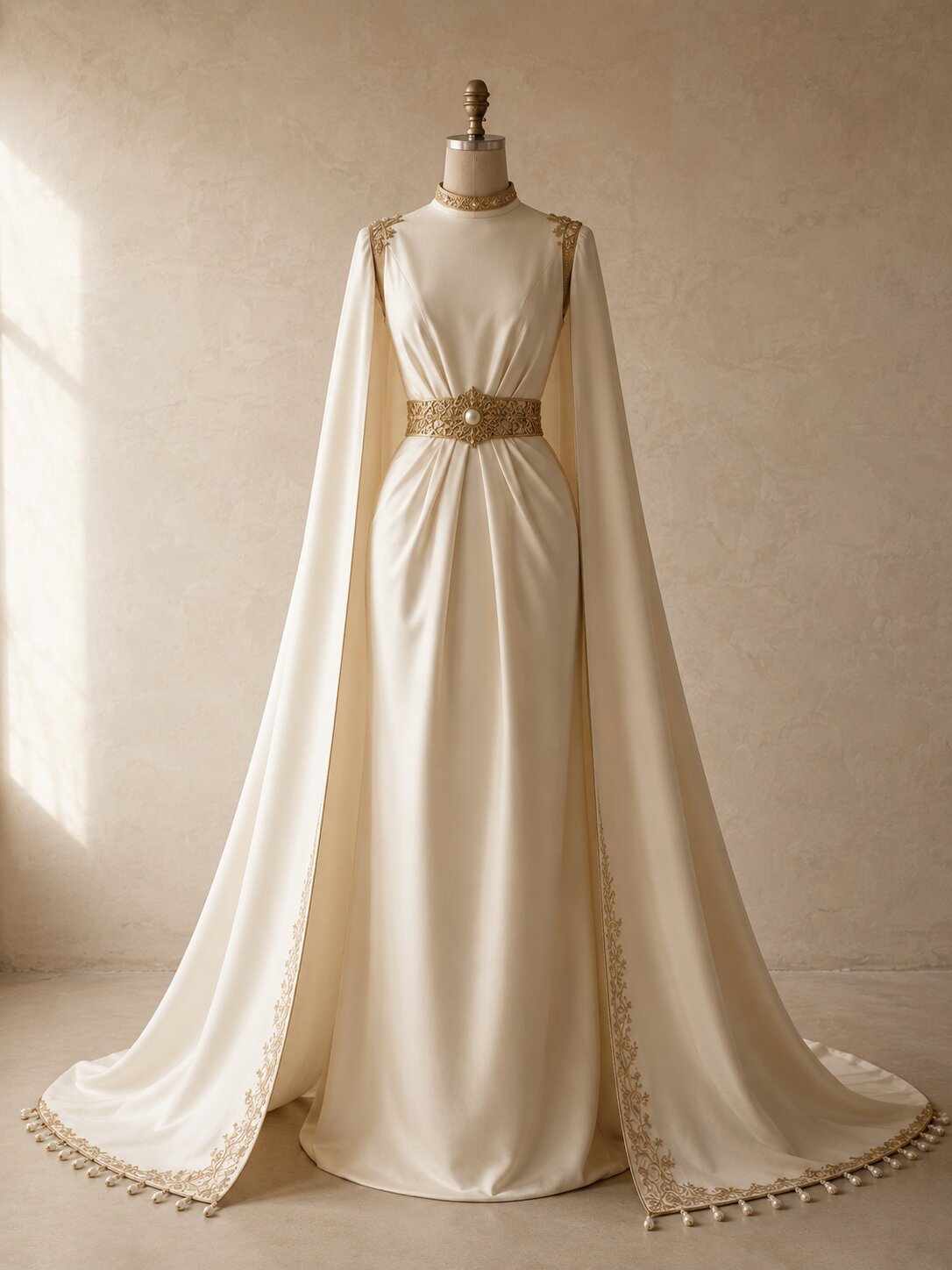 Delphine -- a Silk Mikado column gown with cape